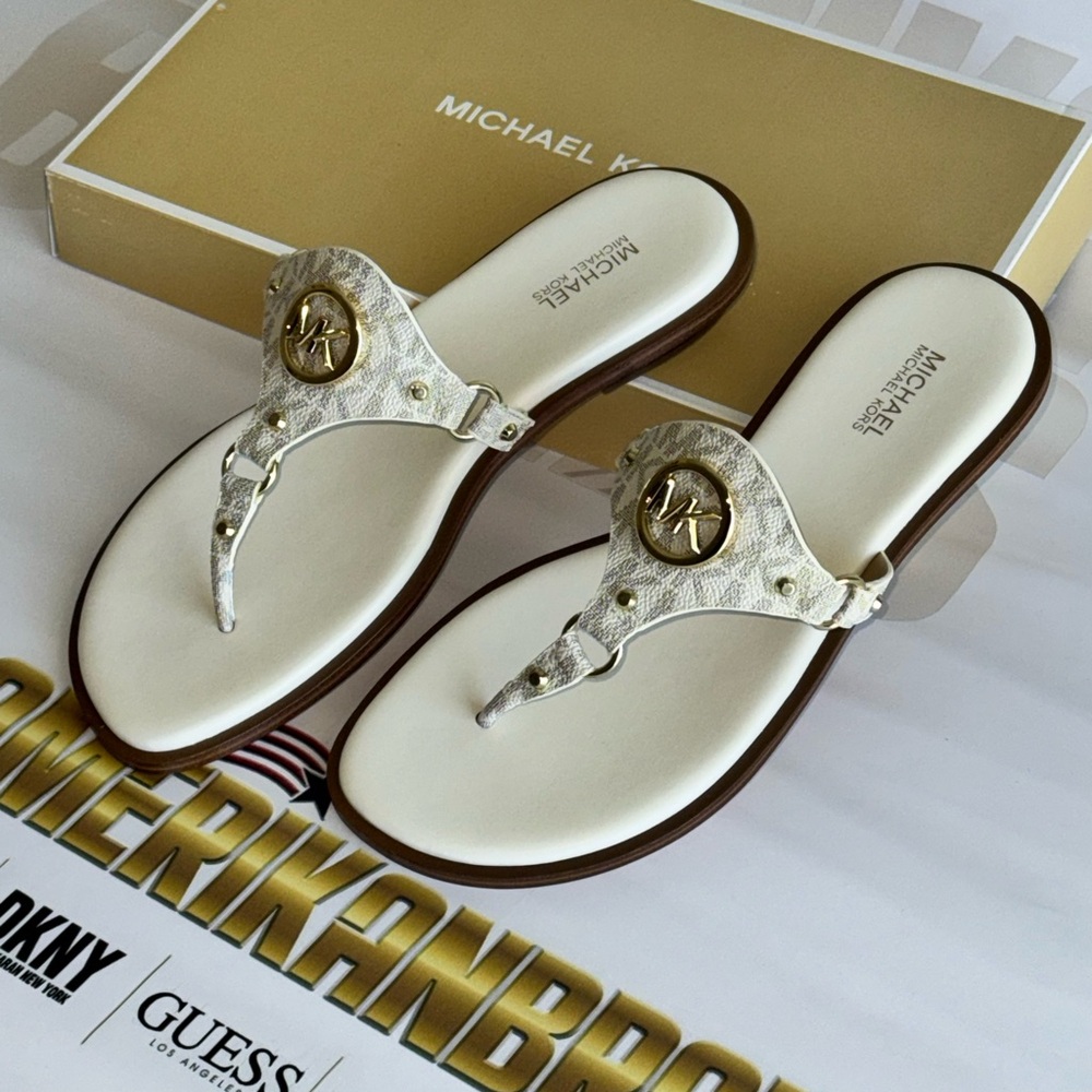 Michael Kors Conway Sandal in Vanilla Signature with Gold Accents with Box